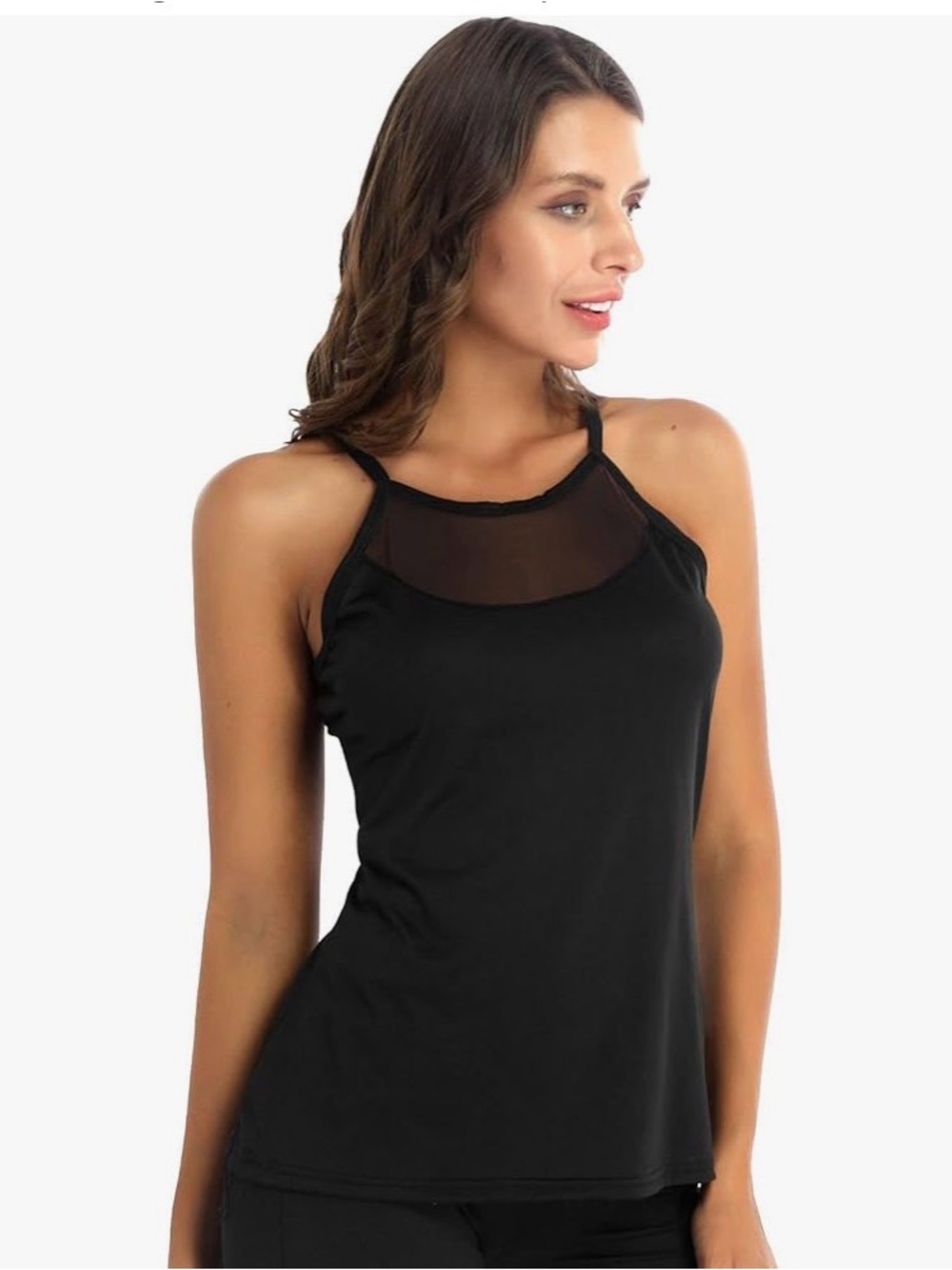 Women Fashion Mesh Patchwork Tank Top Round Neck Sleeveless Slim Fit Vest Top